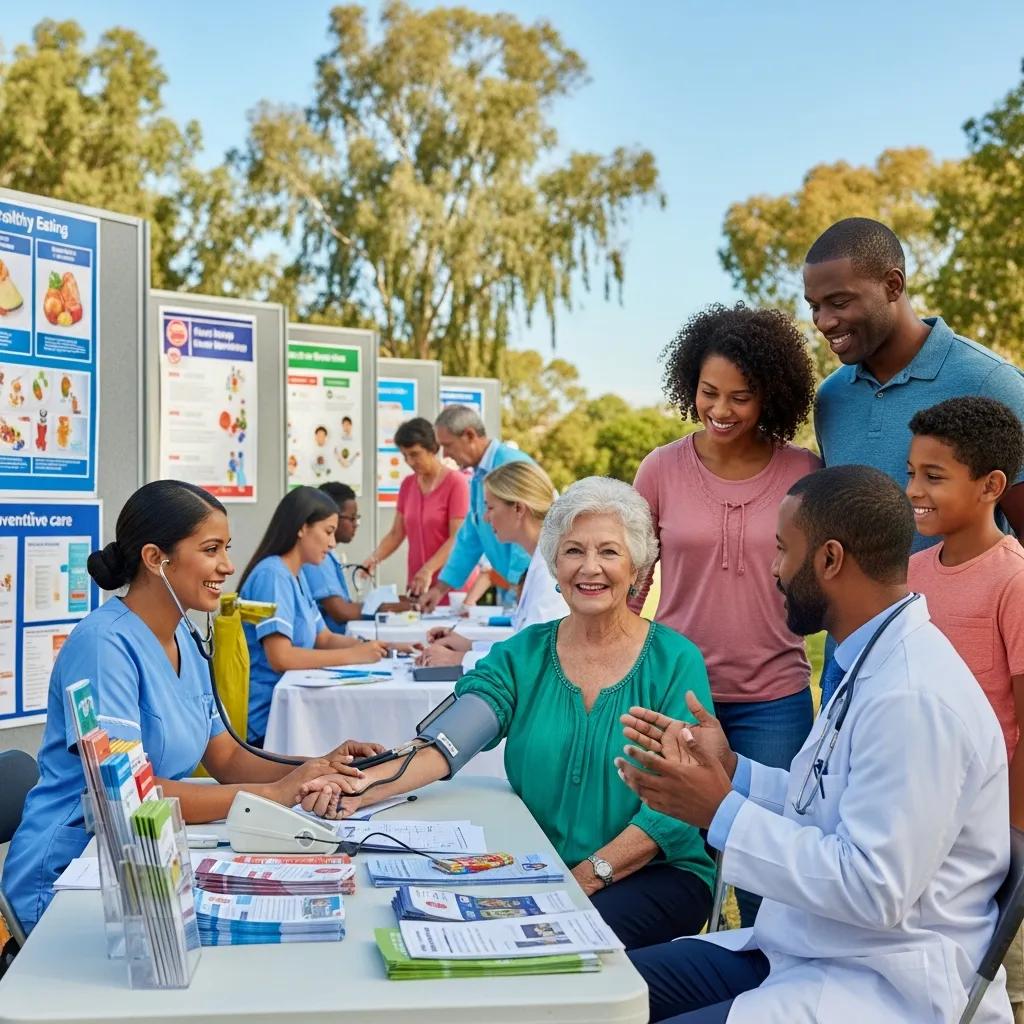 Community health screening event with diverse participants receiving preventive care