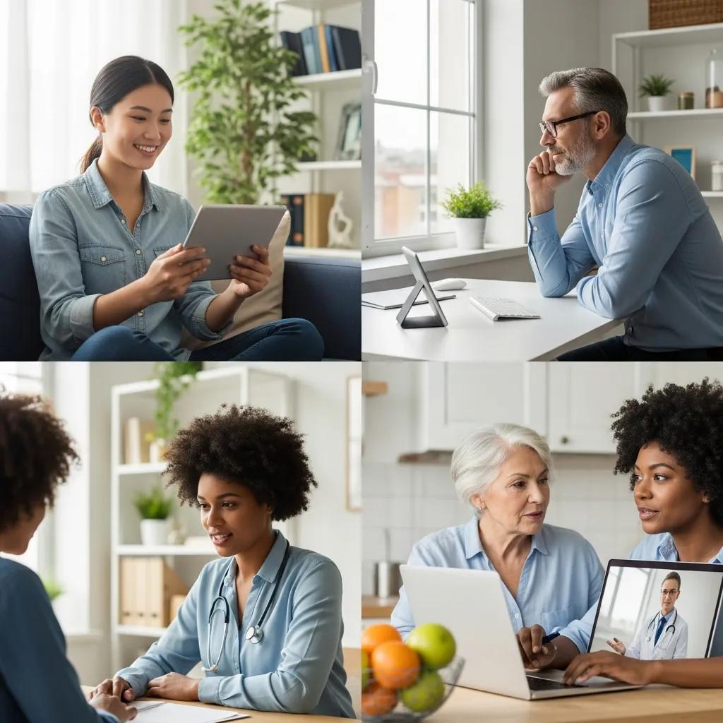 Diverse individuals engaged in virtual doctor visits using different devices