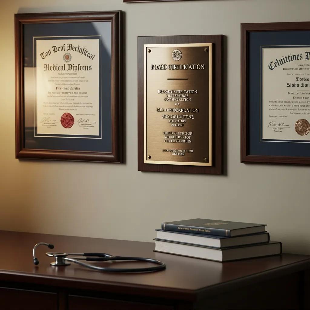 Doctor's credentials and board certification displayed in a professional office setting