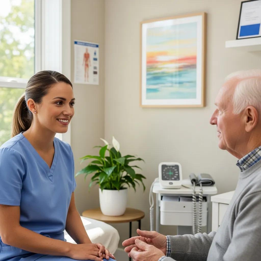 Healthcare professional interacting with a patient in a primary care setting, highlighting personalized care
