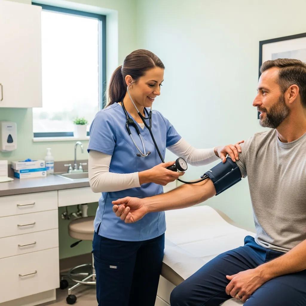 Healthcare provider checking a patient's blood pressure during a physical exam, illustrating the examination process