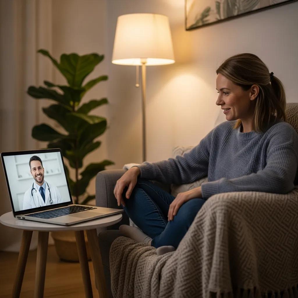 Patient consulting with a doctor via telehealth in a cozy home environment