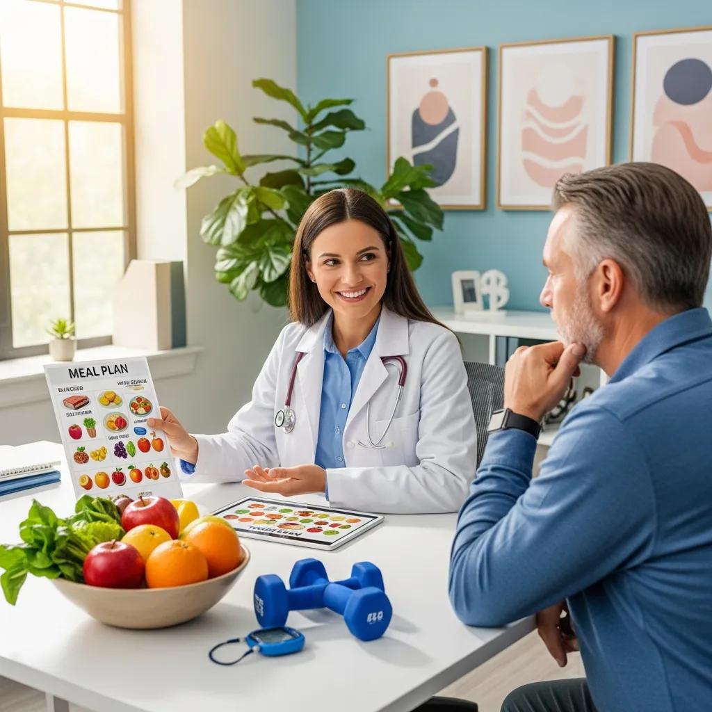 Primary care doctor advising a patient on lifestyle and weight management for diabetes