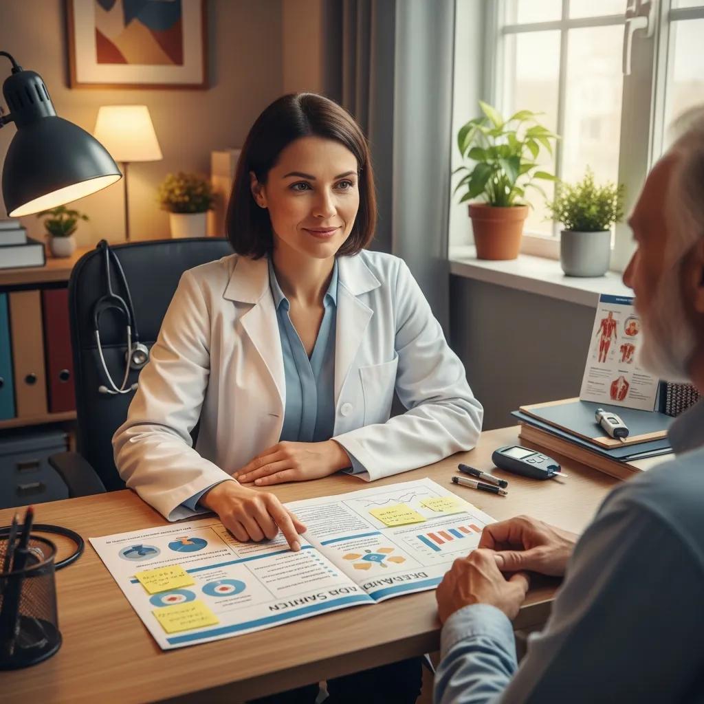 Primary care doctor discussing personalized diabetes care with a patient in a warm office setting