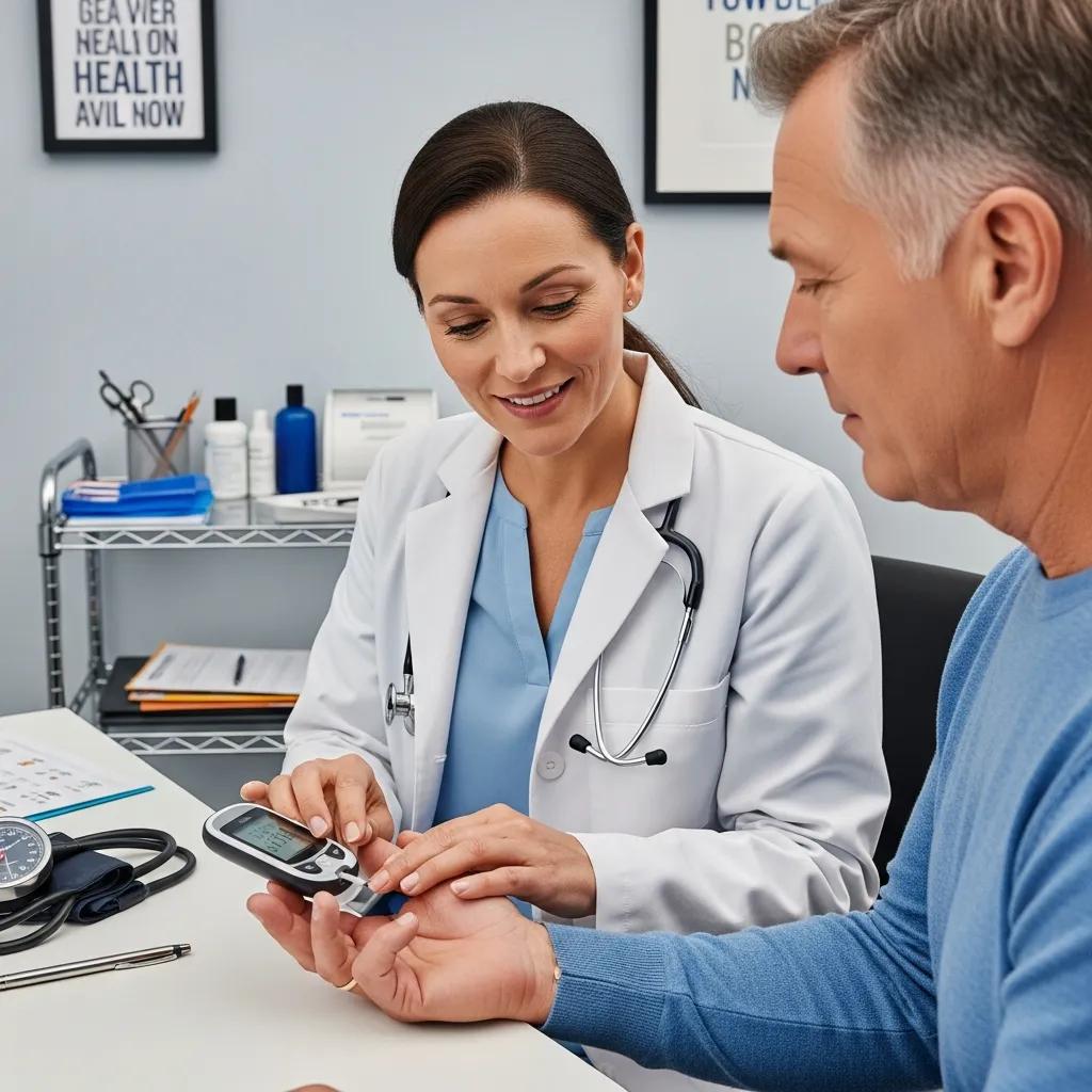 Primary care doctor using a blood glucose meter to monitor a patient's blood sugar levels