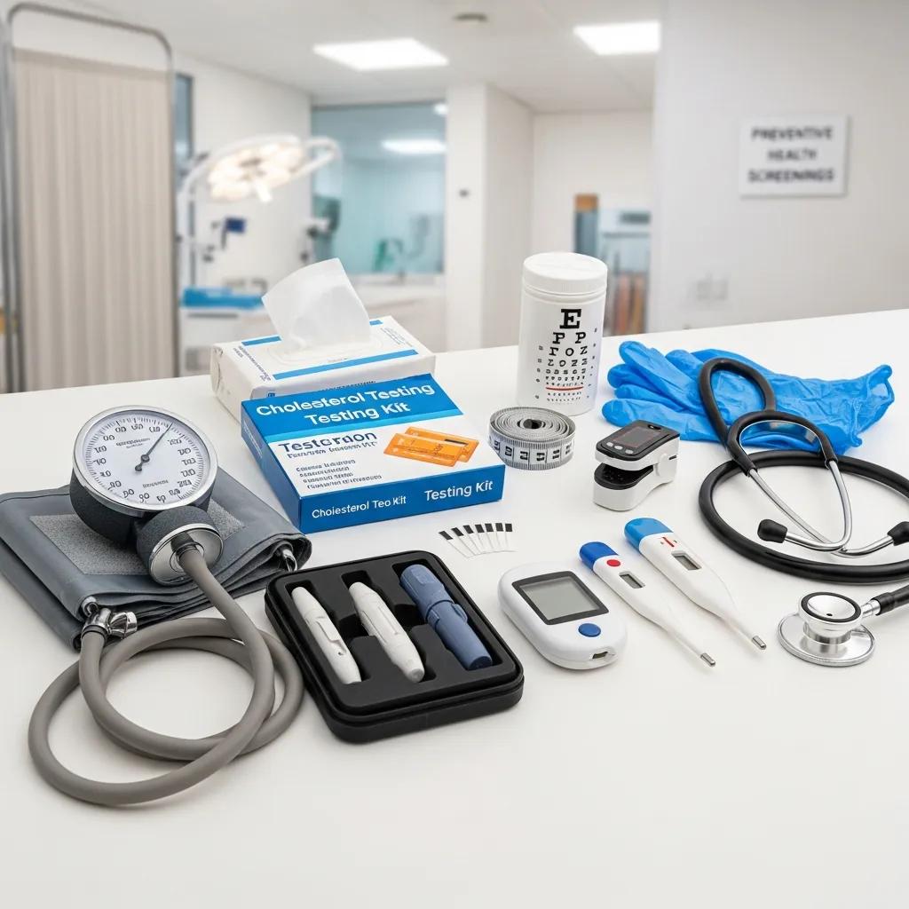 Variety of health screening tools on an examination table, representing preventive health screenings in primary care