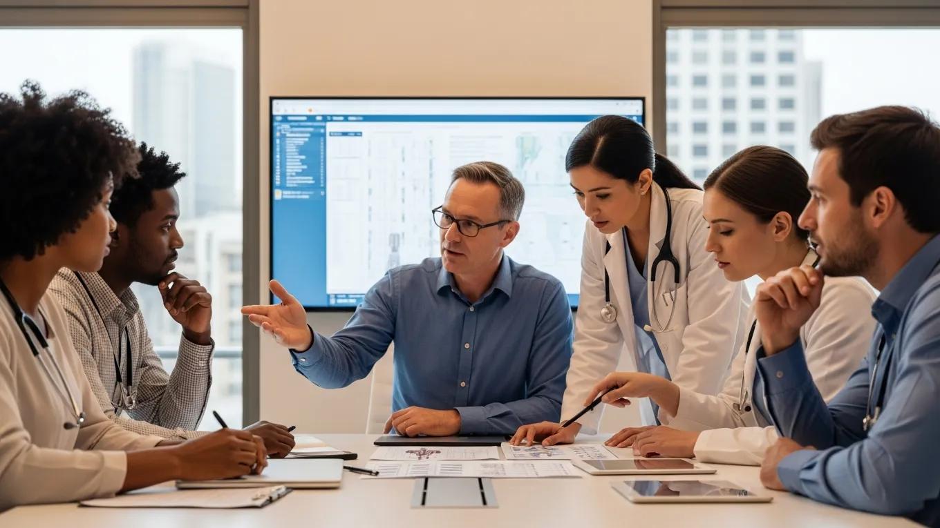 Group of doctors collaborating in a modern clinic, emphasizing leadership in healthcare