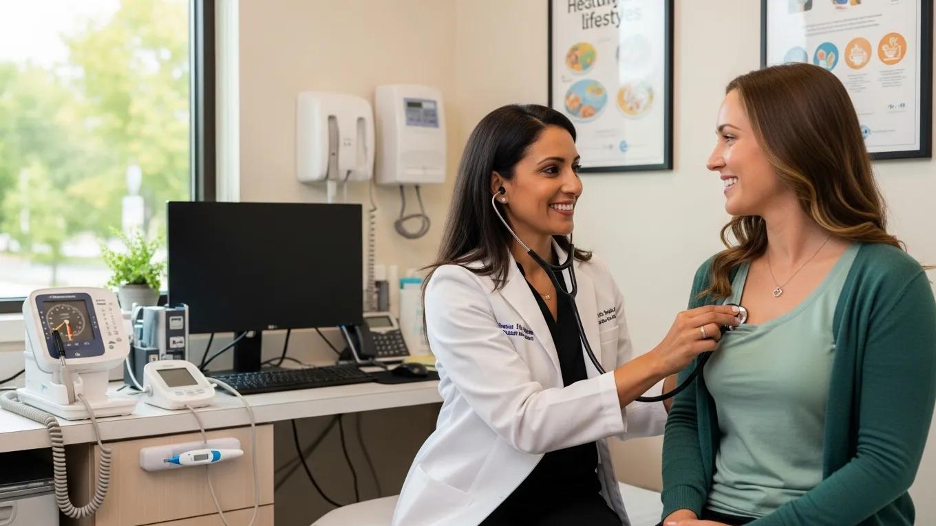 Healthcare professional conducting a preventive health screening with a patient in a welcoming clinic