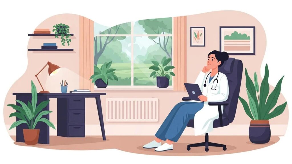 Healthcare professional in a peaceful office environment reflecting on career sustainability