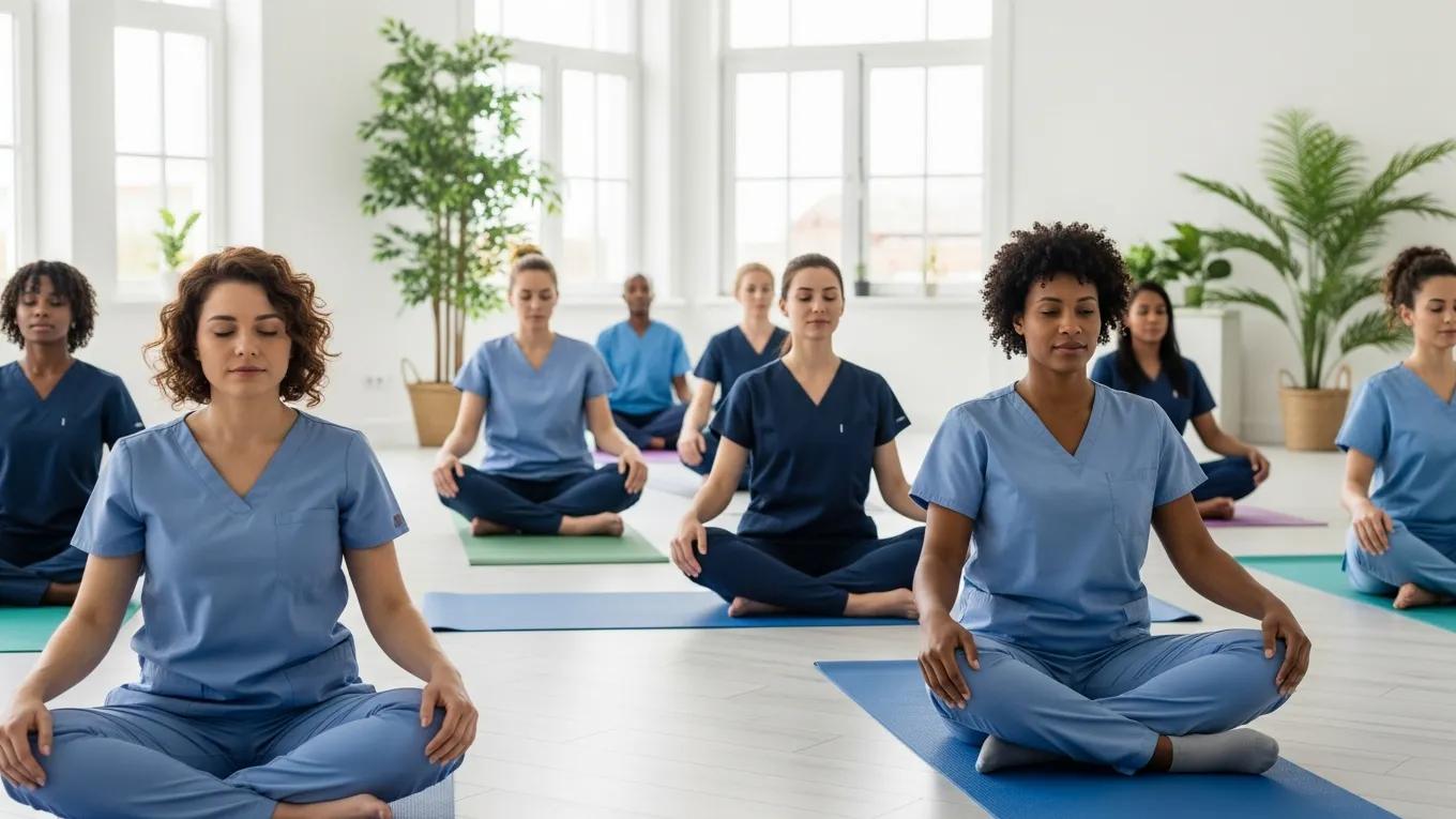 Healthcare professionals participating in a wellness program focused on mindfulness and relaxation