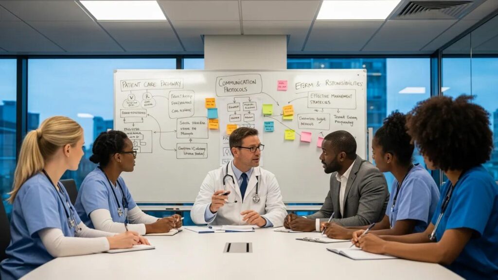 Healthcare team meeting led by a physician, highlighting effective team management techniques