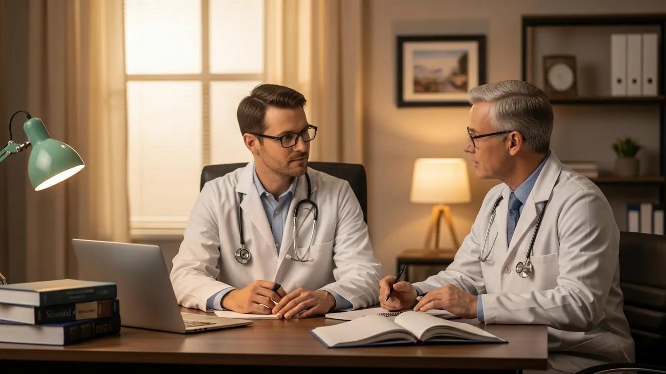 Physician coaching session illustrating professional growth and mentorship