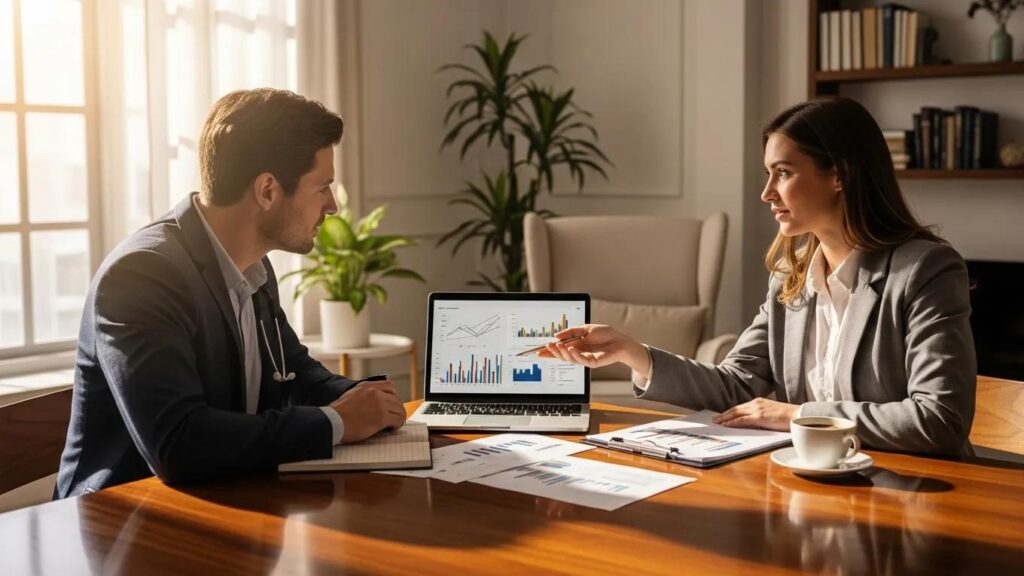 Physician discussing investment strategies with a financial advisor in a cozy setting