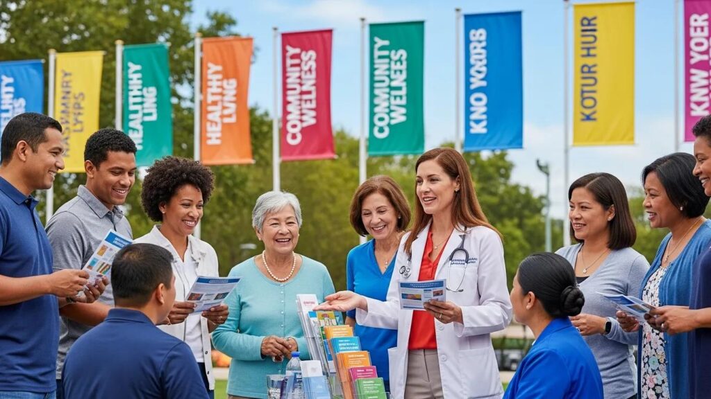 Physician engaging with community members at a health fair, promoting health education and awareness