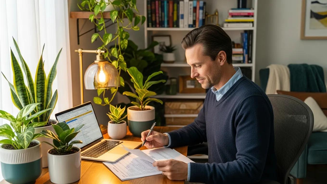 Physician in a cozy home office reviewing financial documents, symbolizing financial wellness