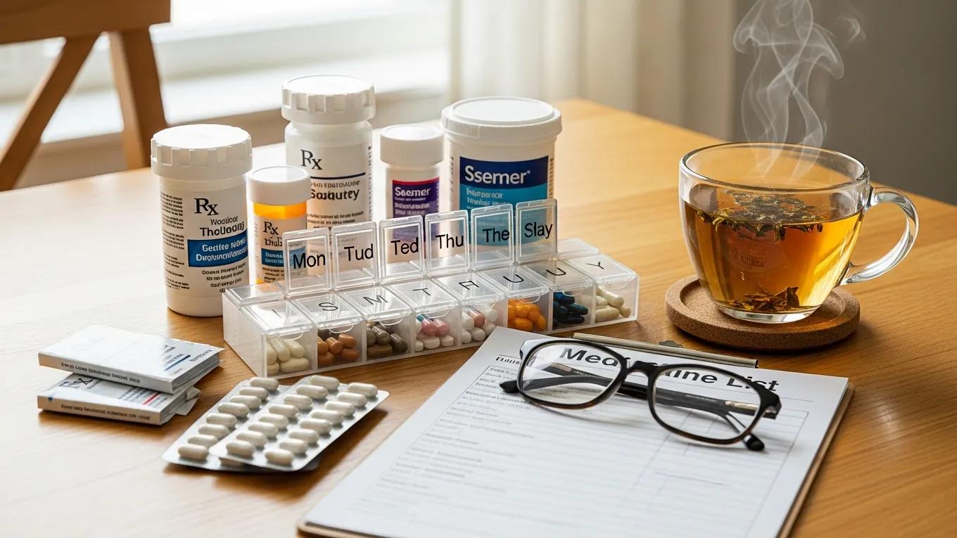 Organized medications with a pill organizer and a written medication list