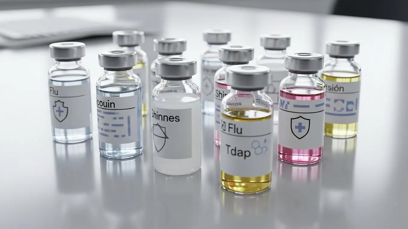 Close-up of vaccine vials for adult immunizations emphasizing recommended vaccination schedules