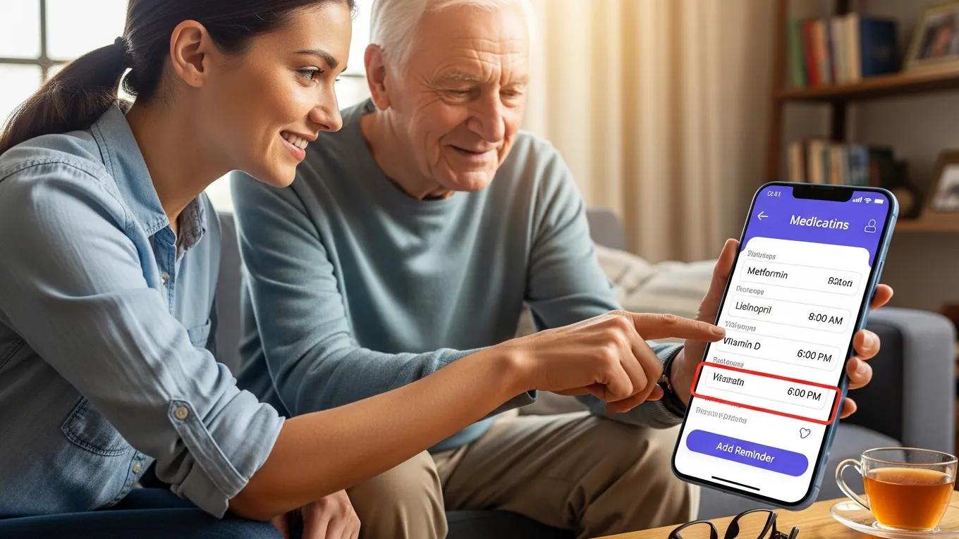 Family member helping an older adult with medication reminders using a smartphone