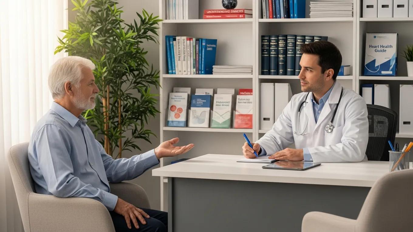 Older adult consulting with family doctor about medication management in a cozy clinic setting