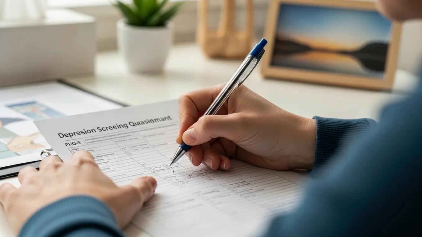 Patient filling out a depression screening form in a clinic exam room