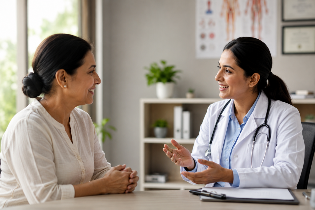 Doctor consulting with smiling female patient – Life Beyond MD Dearborn