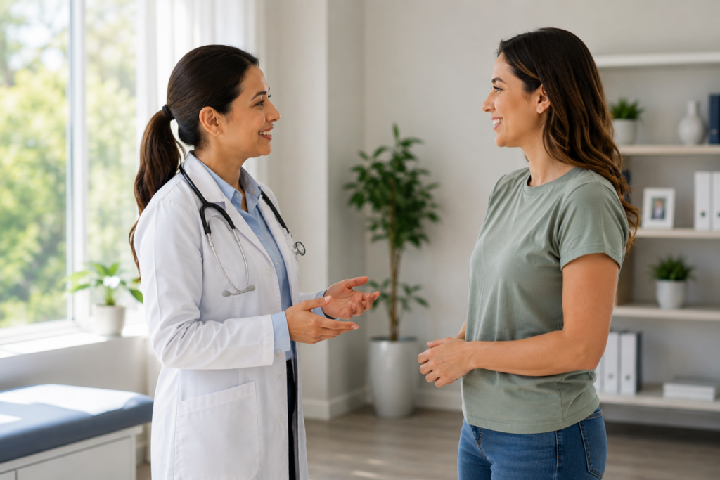 Doctor talking with female patient in exam room – Life Beyond MD Dearborn