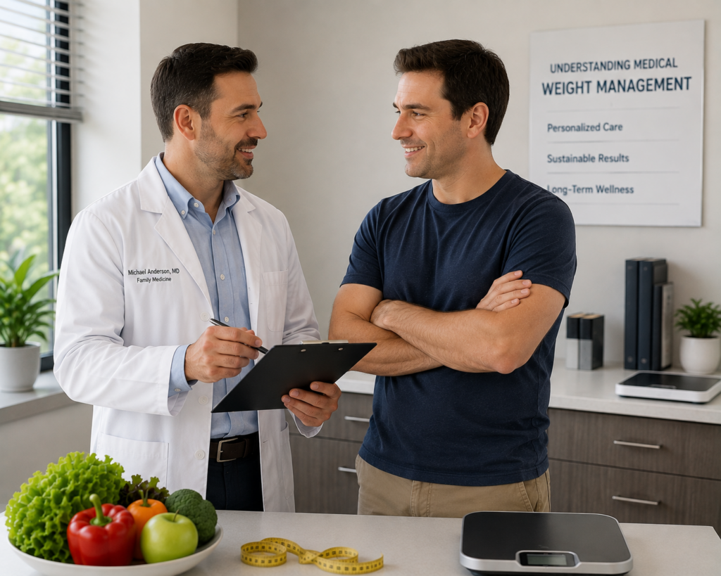 Doctor consulting with male patient near scale – Life Beyond MD Dearborn