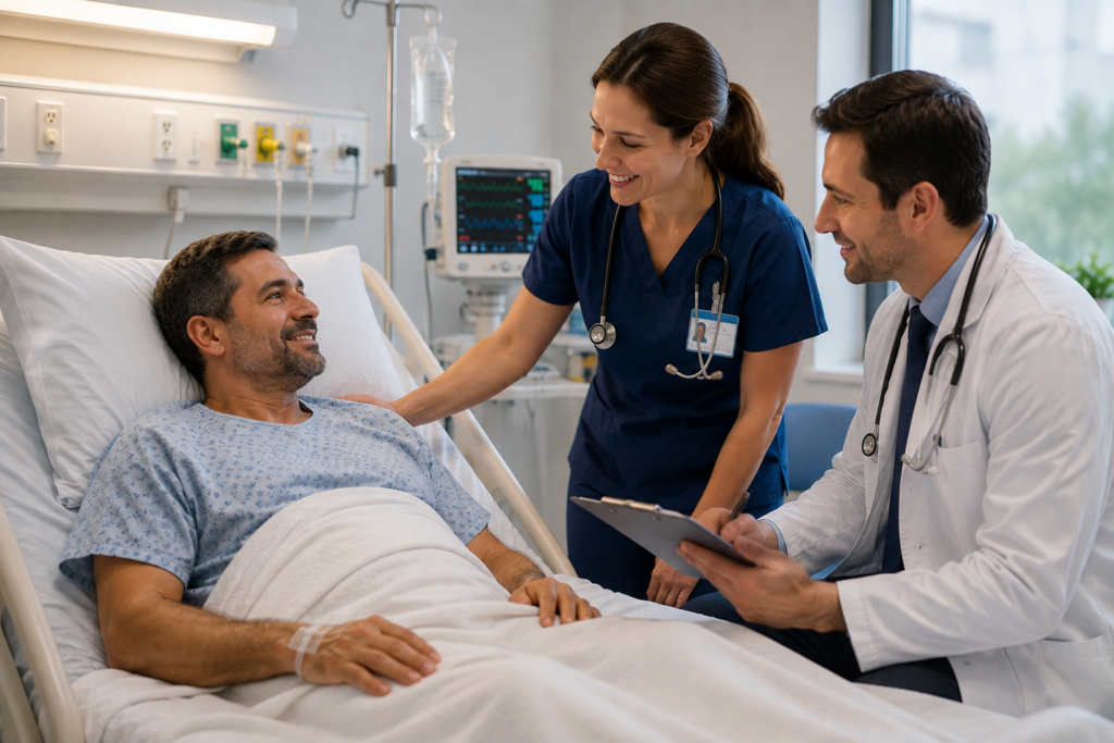 Nurses reviewing chart with hospitalized patient – Life Beyond MD Dearborn