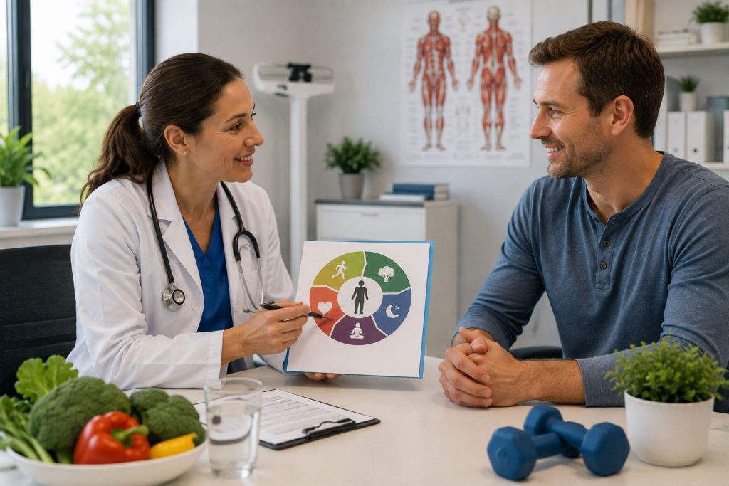 Doctor explaining health chart to male patient – Life Beyond MD Dearborn