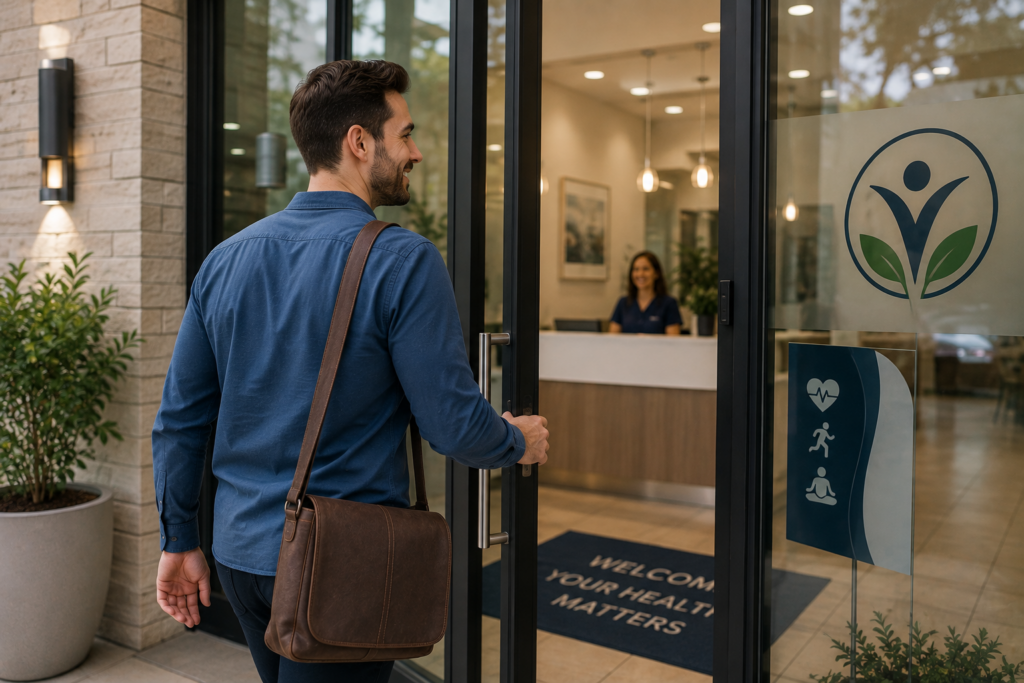 Man entering Life Beyond MD clinic – primary care Dearborn, MI
