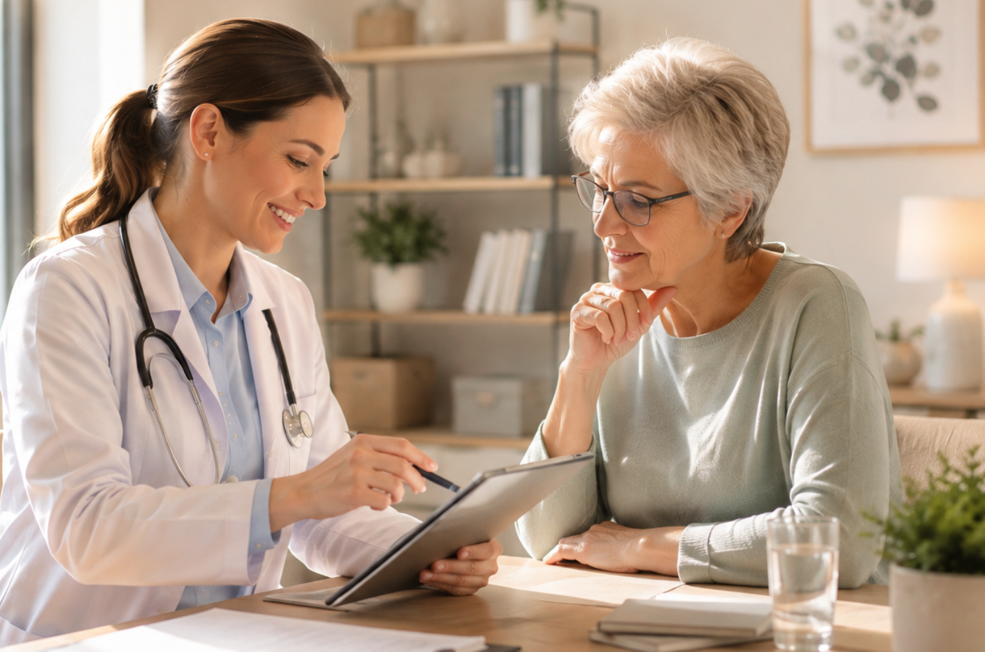 Doctor reviewing tablet with senior female patient – Life Beyond MD Dearborn